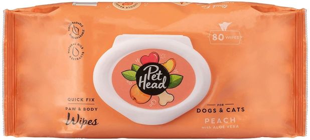 Pet Head Quick Fix Paw and Body Wipes for Dogs and Cats Peach with Aloe Vera (Size: 80 count)