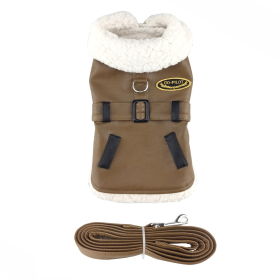 Brown and Black Faux Leather Bomber Dog Coat Harness and Leash (Color: , Size: X-Small)