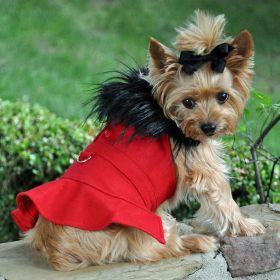 Wool Fur-Trimmed Dog Harness Coat (Color: Red, Size: X-Small)